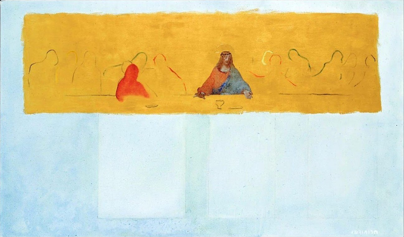 Cenacolo e Crocifissione, Tecnica mista su tela, 70 × 120 cm (2005)