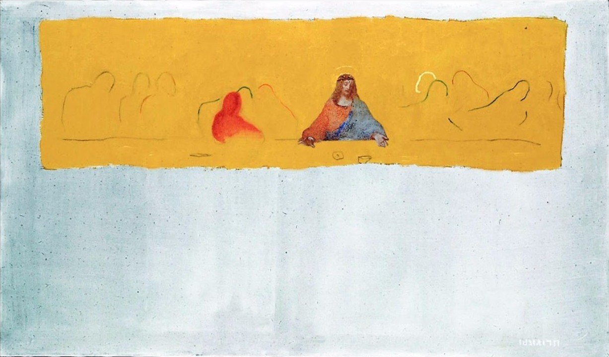 Cenacolo e Crocifissione, Tecnica mista su tela, 70 × 120 cm (2005)