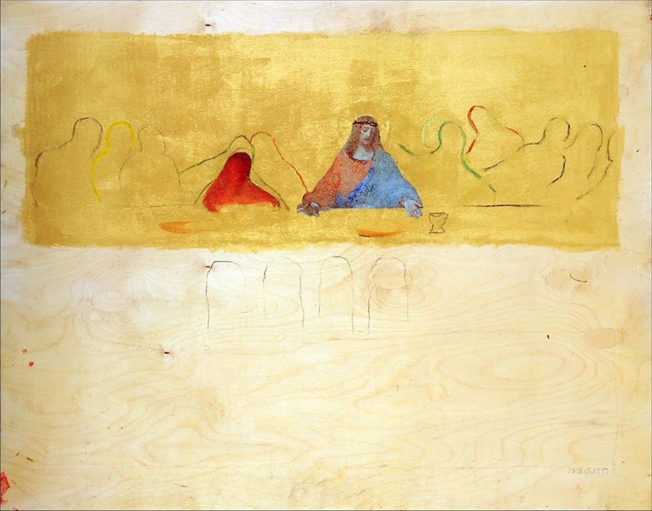 Cenacolo e Crocifissione, Tecnica mista su legno, 80 × 100 cm (2005)