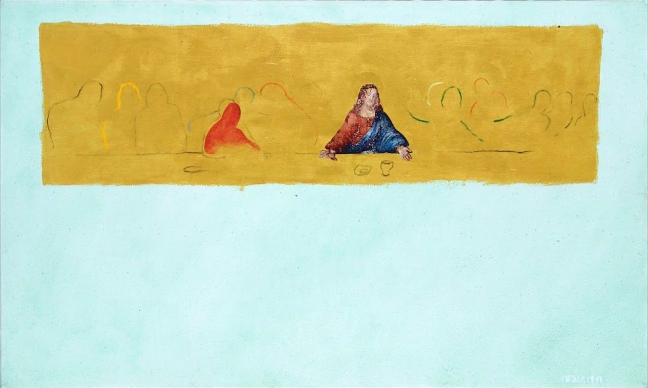 Cenacolo e Crocifissione, Tecnica mista su tela, 70 × 120 cm (2005)