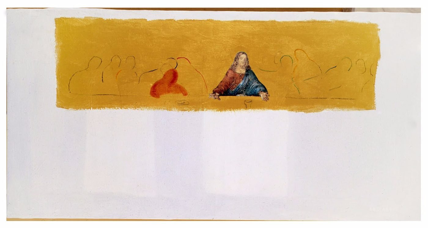Cenacolo e Crocifissione, Tecnica mista su tela, 70 × 120 cm (2005)