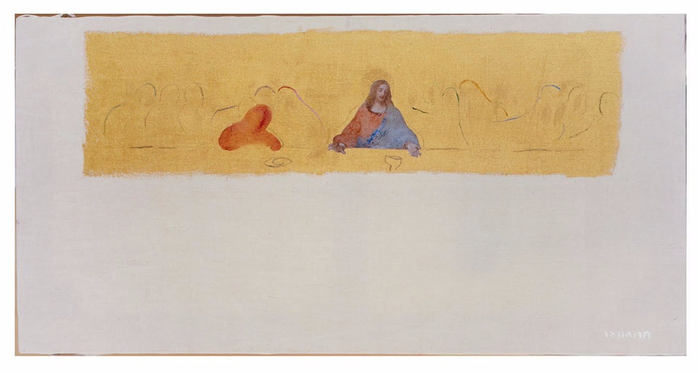Cenacolo e Crocifissione, Tecnica mista su tela, 70 × 120 cm (2005)